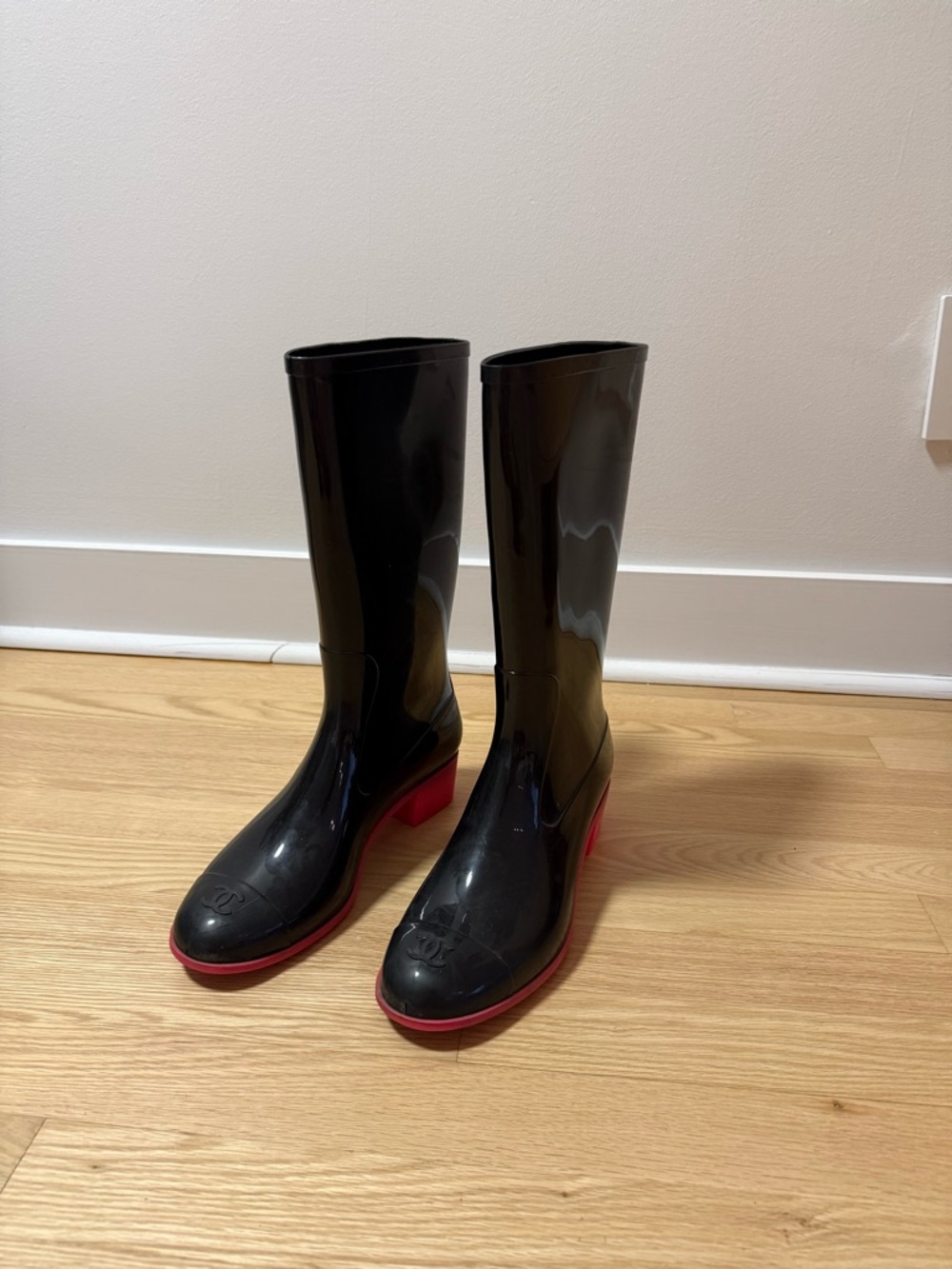 CHANEL Black Rain Boots with Pink Soles